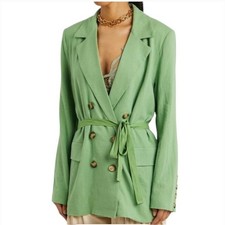 Free People Olivia Blazer Linen Green Womens Small Oversized Belted Lightweight