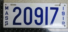 Massachusetts Porcelain 1912 License Plate Tag Ma # Mass #20917 (AYCF)