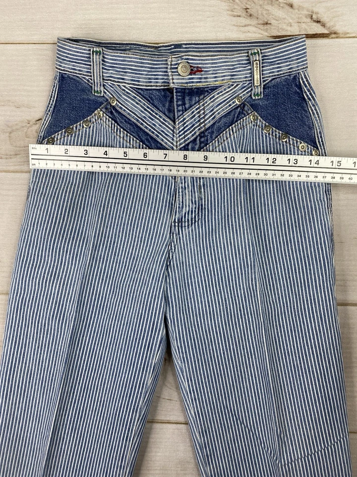Pantalones de mezclilla Rockies vintage para mujer 25/1 a rayas a pelo remaches de yugo en contraste años 90 Foto 4 de 4