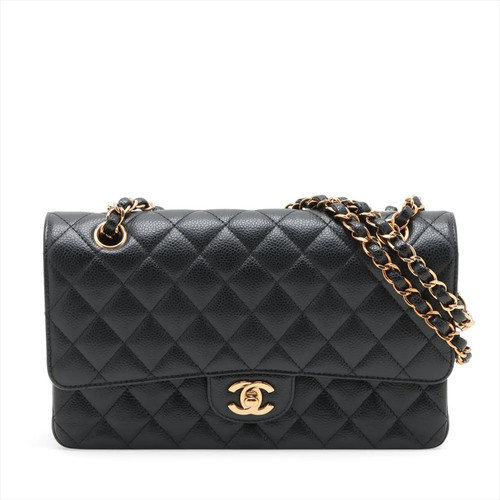 Chanel Matelasse 25 Caviar Skin Double Flap Double Chain Bag Black Gold Metal Fi