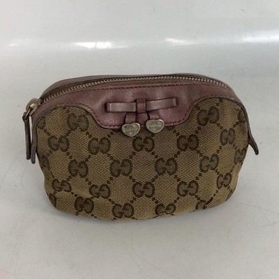 GUCCI GG Canvas Heart Ribbon Mini Cosmetic Pouch Beige Pink for Women Auth