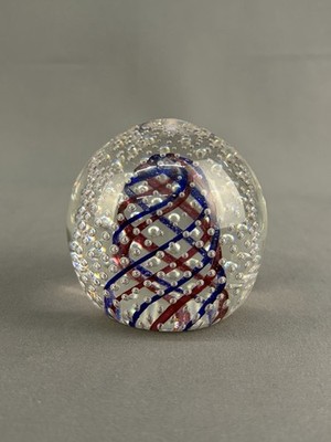 VTG Pairpoint Gundersen Ruby & Blue Spiral Controlled Bubble Paperweight c. 1950
