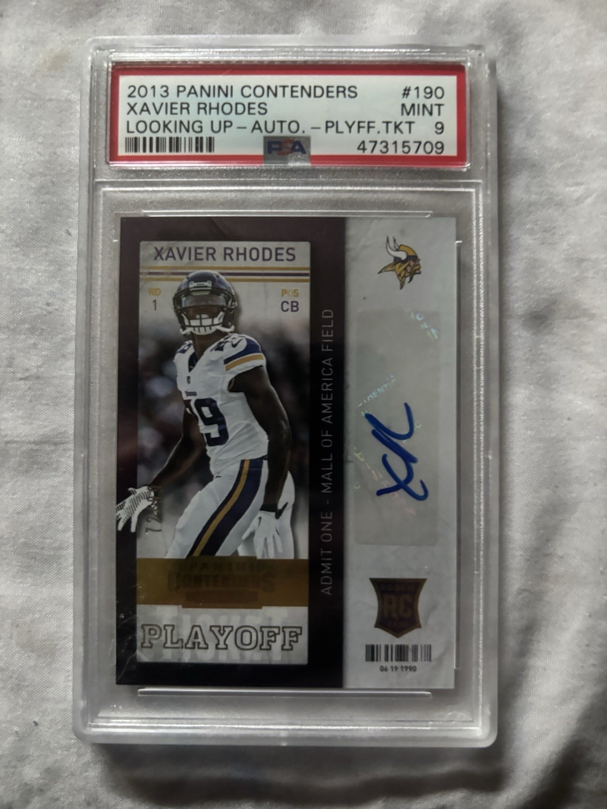 PSA 9 2013 Panini Contenders Xavier Rhodes #190 Playoff Ticket /99 (RC) view 1
