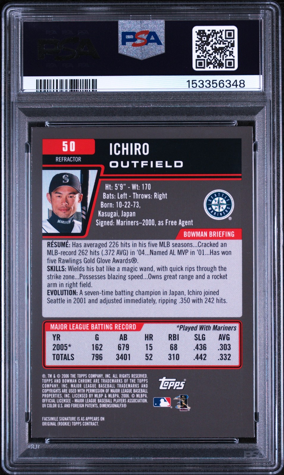 2006 BOWMAN CHROME REFRACTOR #50 ICHIRO PSA 9 view 2