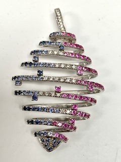 18ct White Gold 375 Spiral Pendant Diamonds & Possible Sapphires Hallmarked