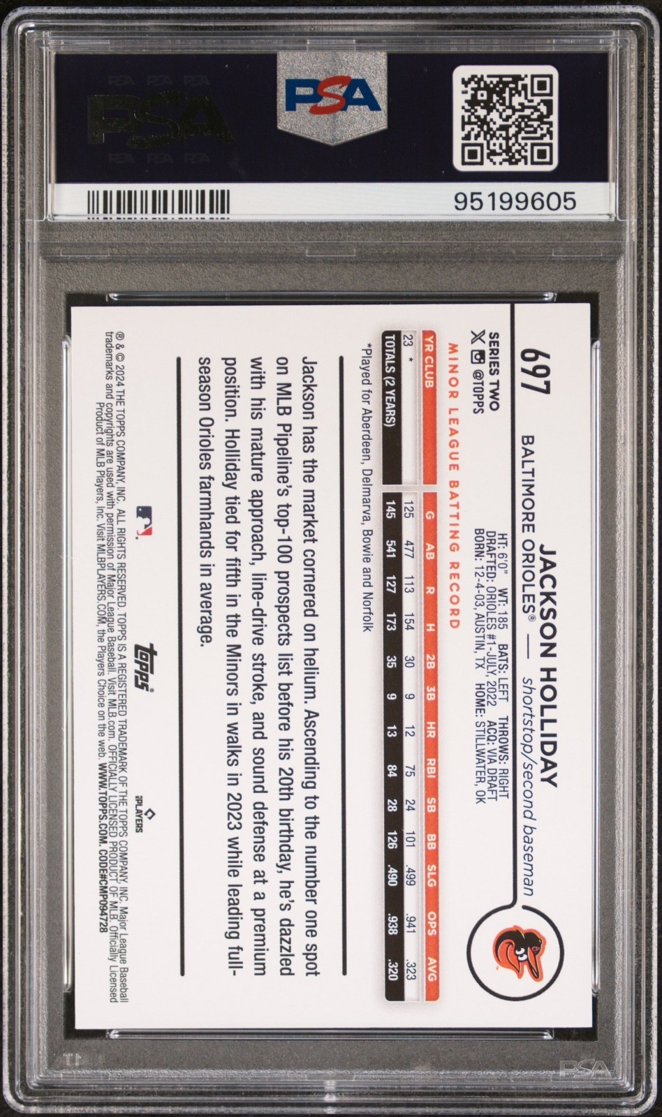 2024 Topps Jackson Holliday Fun Face SP White Bat Knob Rookie PSA 10 Gem Mint view 2