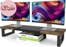 Dual Monitor Stand Riser, Wood and Steel Multi-Purpose Desktop Storage Stand for