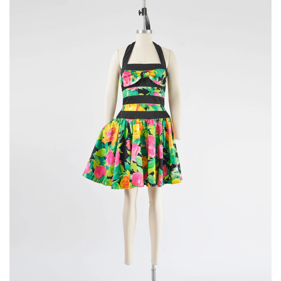 Mini Vestido Falda Círculo Algodón Halter Floral Rubí Lillie Vintage Años 80 Talla XS S Foto 2 de 4