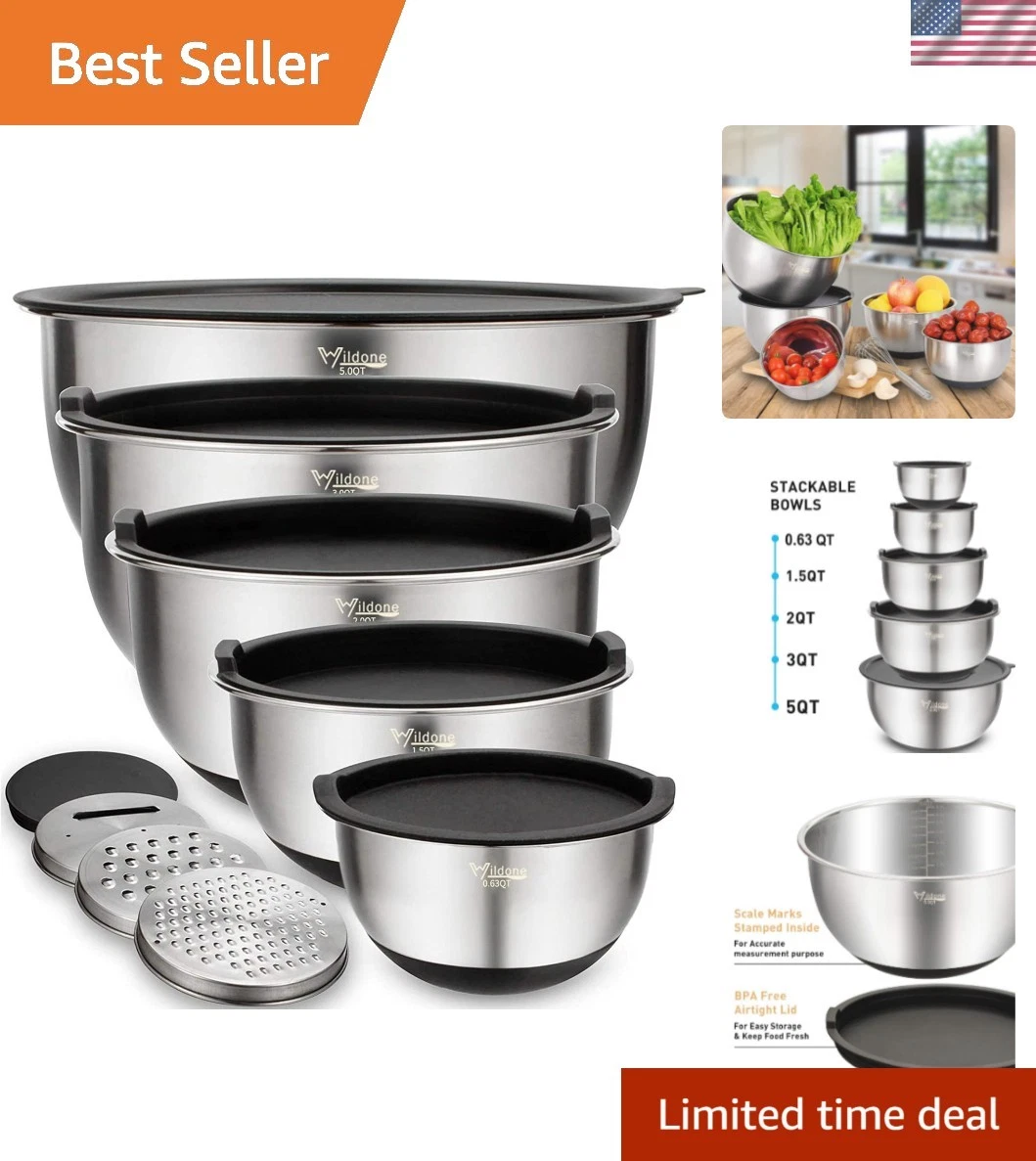 5-Piece Mixing Bowls Set with Airtight Lids & Easy Grip Non-Slip Design