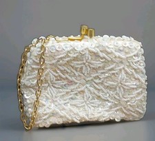 Vintage Evening Clutch White Beaded AB Sequin Bag Gold Tn Chain Strap Hand Made
