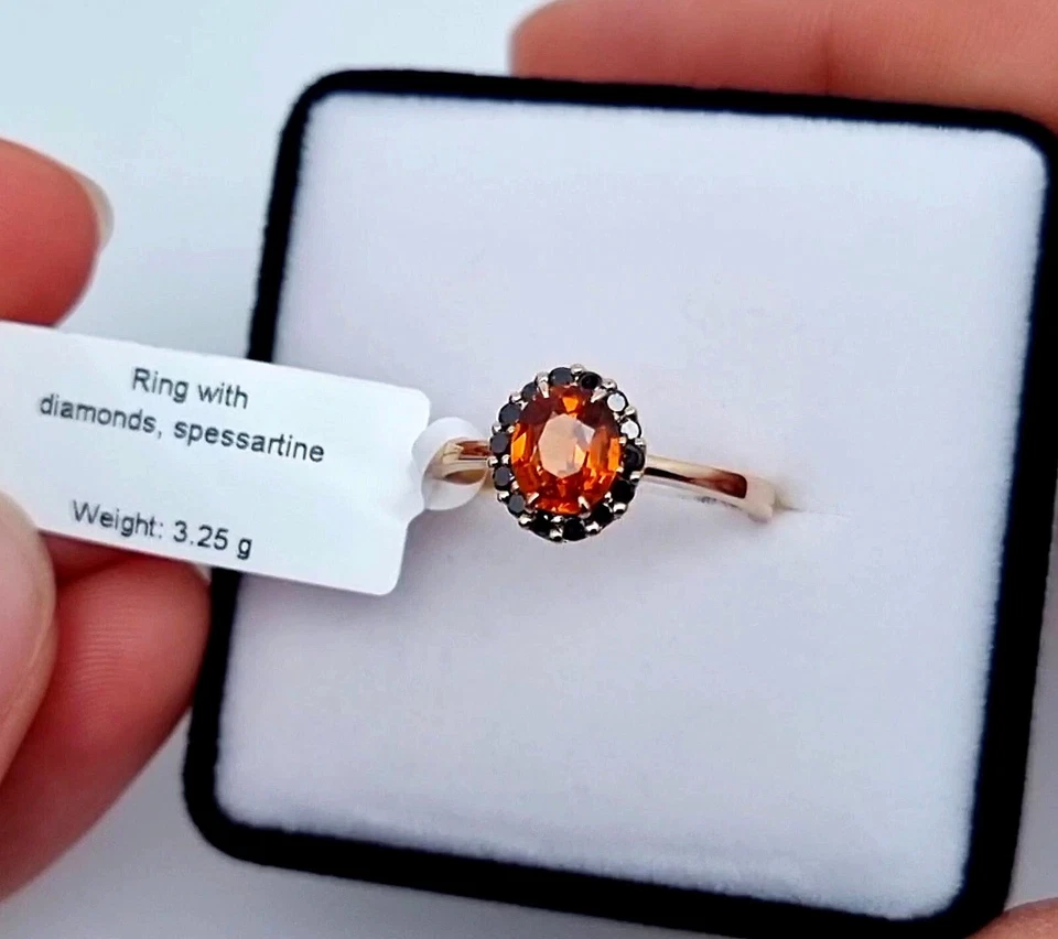 Certified Ring with Natural Spessartine and Black Diamonds gems, Solid 14Karat - Image 3 of 4