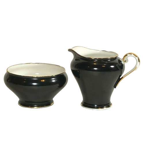Vintage Aynsley Black White Gold Onyx Sugar bowl creamer Bone china England - Picture 1 of 8
