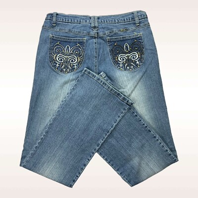 Paco Jeans Womens 32x31.5 Blue Bootcut Embroidered Stretch Whiskered Denim Y2K