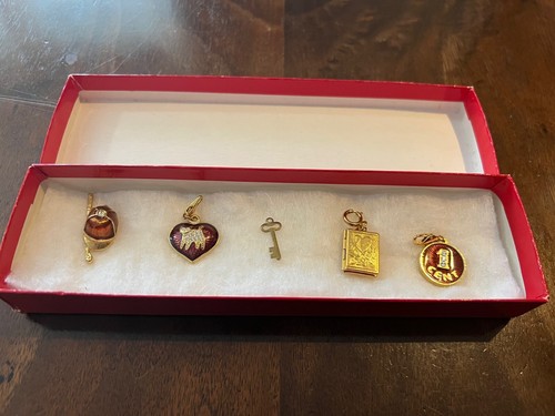 Charms 5 Stück: Jockey Charm, Katzenherz, Schlüssel, Medaillon, Penny Charm in Box