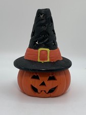 Vtg Halloween Jack-O-Lantern Pumpkin Witch Hat Porcelain Tea Light Holder CRACK