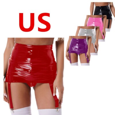 US Woman Mini Skirt High Waist Latex Garter with 6 Straps Metal Clip Holder Belt