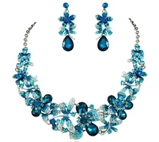 DRAGONFLY BLUE AUSTRIAN RHINESTONE CRYSTAL NECKLACE EARRINGS SET BRIDAL N1780B