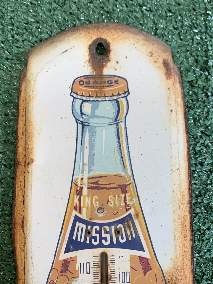 TERMÓMETRO BOTELLA SODA NARANJA TAMAÑO KING MISSION ORIGINAL VINTAGE AÑOS 50 PATINA Foto 2 de 4