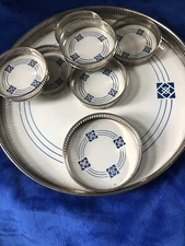 Vintage Blue and White German Enamel Tray And Matching Coasters