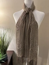 Women’s Vintage Gold Lace Crochet Shawl / Scarf With Fringe