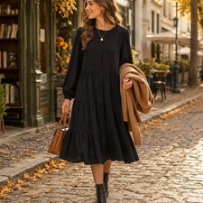 LOFT Black Crinkle Tiered Midi Dress Long Sleeve Boho Modest Round Neck Womens L