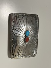 Vintage Sterling Silver Belt Buckle with Turquoise and Coral Inlay Rare Navajo