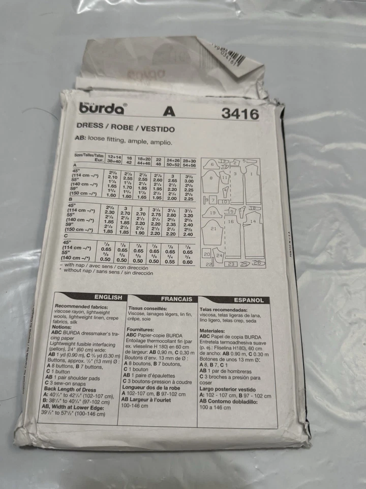 Burda Plus 3416 UNCUT Sewing Pattern, Misses' Dress, Size 12-30 - Image 3 of 4