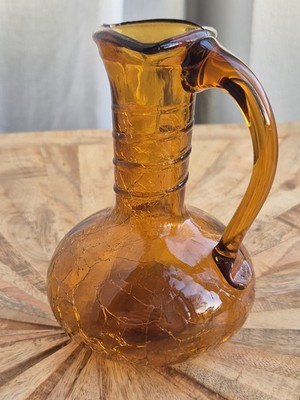 Vintage Blenko Glas Mini-Krug mit Crackle-Finish, Amber Kollektion, 13cm, Gut