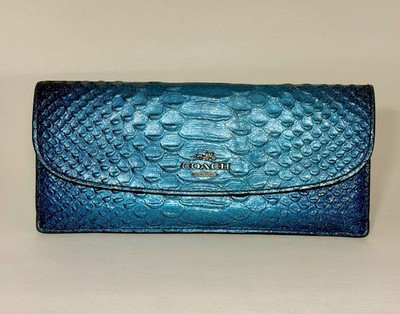 Coach F53641 Slim Envelope Wallet Metallic Blue Python Snake Embossed Leather
