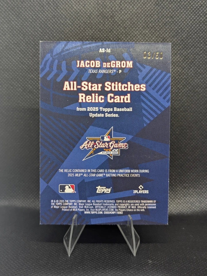 Actualización Topps 2025 Jacob Degrom #As-Jd All Star Stitches Gold/50 Texas Rangers Foto 2 de 2