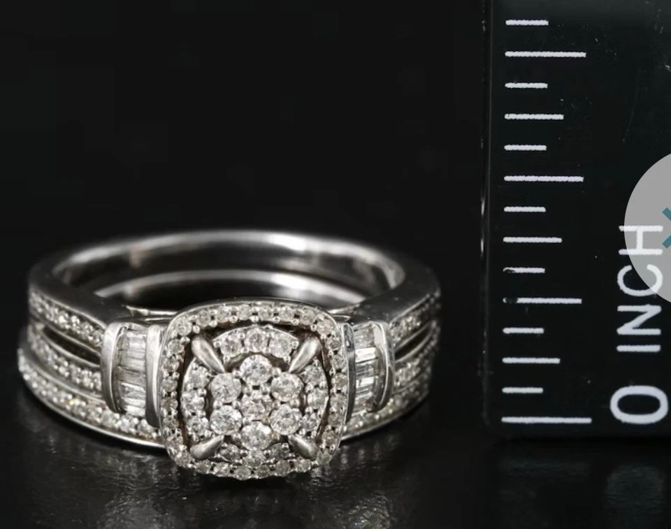 Sterling Silver 1/2 CT TW Diamond Layered Square Halo Bridal Ring Set Size 7 - Image 3 of 4