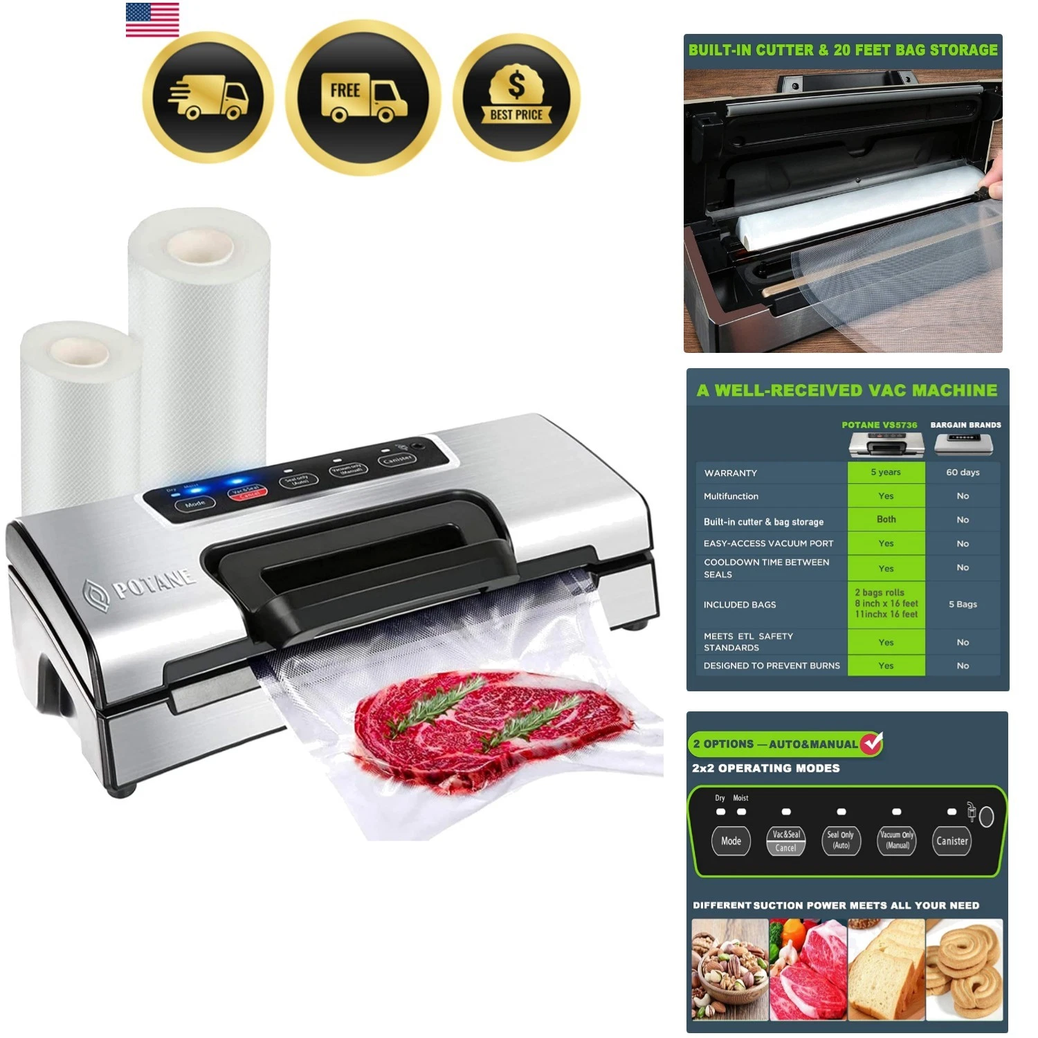 Precision Vacuum Machine,Pro Food Sealer with Built-in Cutter and Bag Storage...