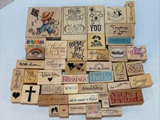 Assorted Rubber Stamps 44 pc Lot Wood Wooden Greetings #WS19