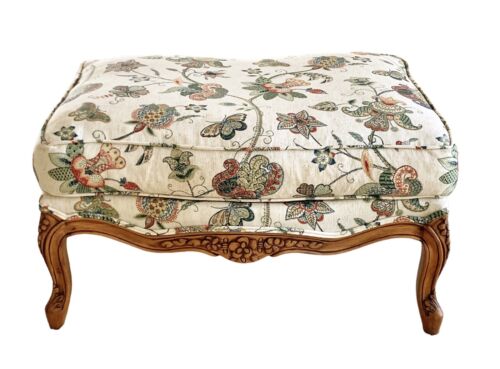 Louis XV style Ottoman with pillow in Crewel Upholstery ~ flowers butterflies