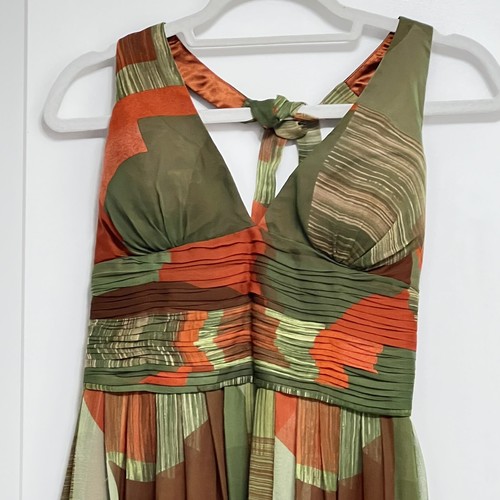 Ladies Cache Brown Olive Orange Greek Cocktail Halter Silk Chiffon Dress sz 6 - Picture 2 of 9