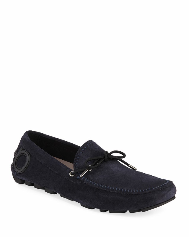 100% AUTHENTIC NEW MEN FERRAGAMO ATLANTE SUEDE BLUE DRIVERS/MOCCASINS US 9