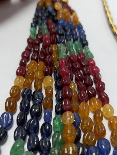 Multi Sapphire Dyed Gemstone Oval Carving Code Necklace 17" 5 String 517 Carat - Picture 21 of 21