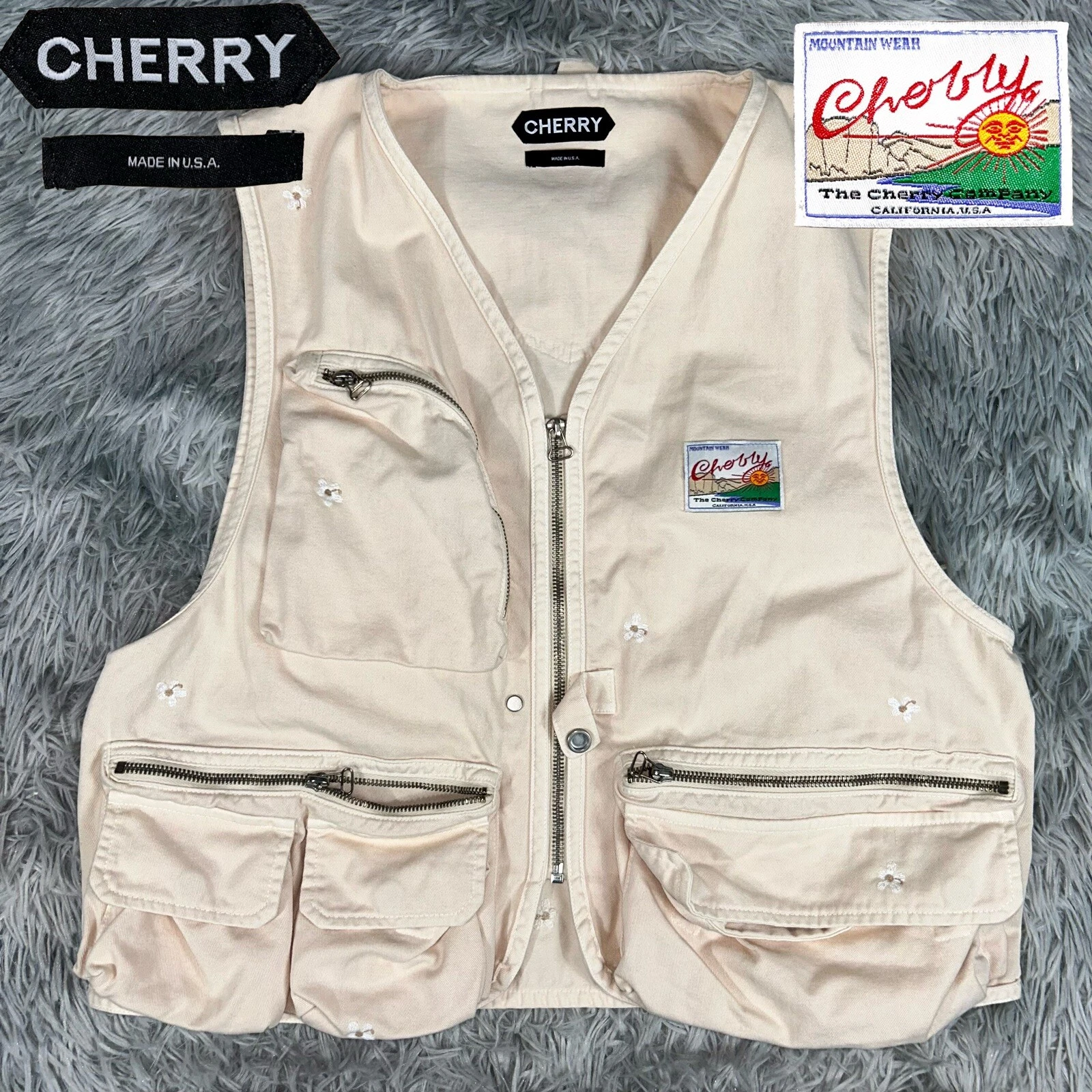 CHERRY Los Angeles USA Beige Fly Fishing Floral Tackle Cotton Vest Jacket L