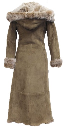 Ladies Brown Full Length Sheepskin Coat Hooded Toscana Shearling Merino Leather - 第 3/6 張圖片