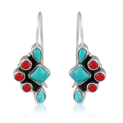 925 Sterling Silber Handarbeit Ohrringe Natur Türkis & Koralle Stein Ohrringe - Bild 5 von 5