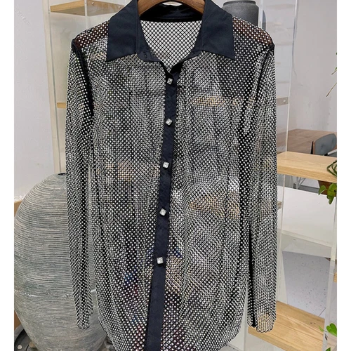 Lady Rhinestone Crystal Shirt Party Blouse Net Sheer Shiny Glitter Club Wear - Picture 10 of 16
