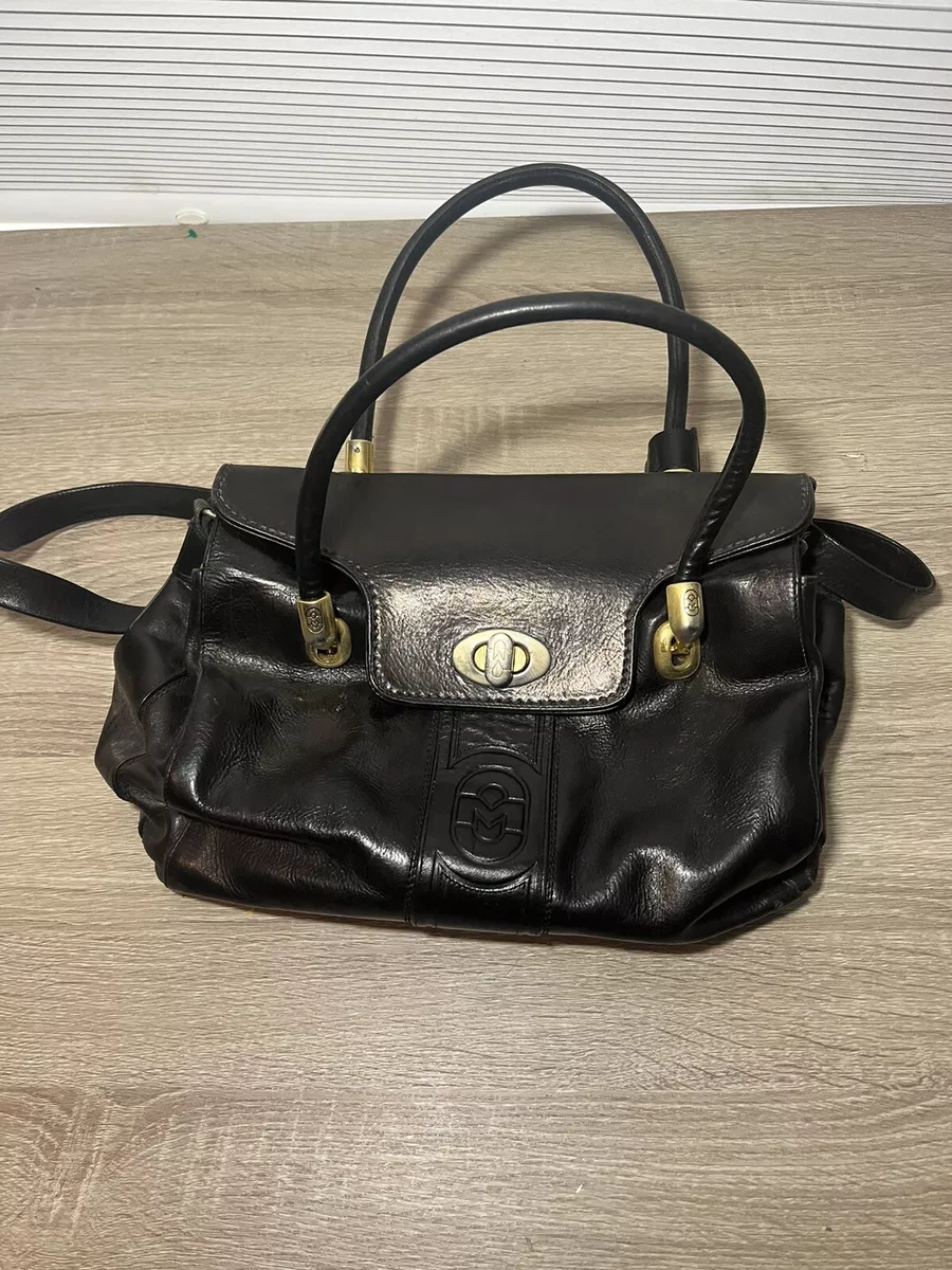 Marino Orlando Black Leather Structured Satchel Crossbody Purse Turn Lock