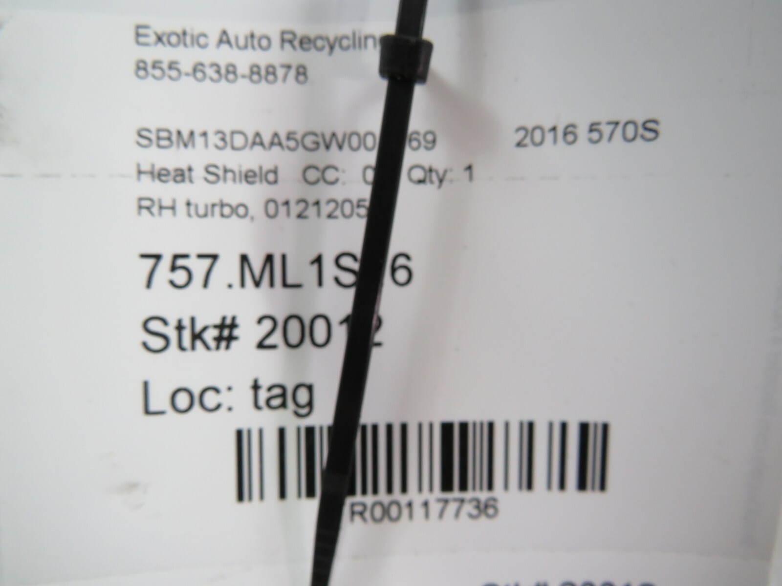 McLaren 570S, RH, Right Turbo Heat Shield, Used, P/N 01212054