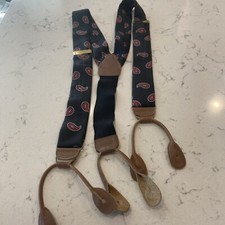 Perry Ellis Portfolio Silk Suspenders Black Paisley Adjustable Brass Leather