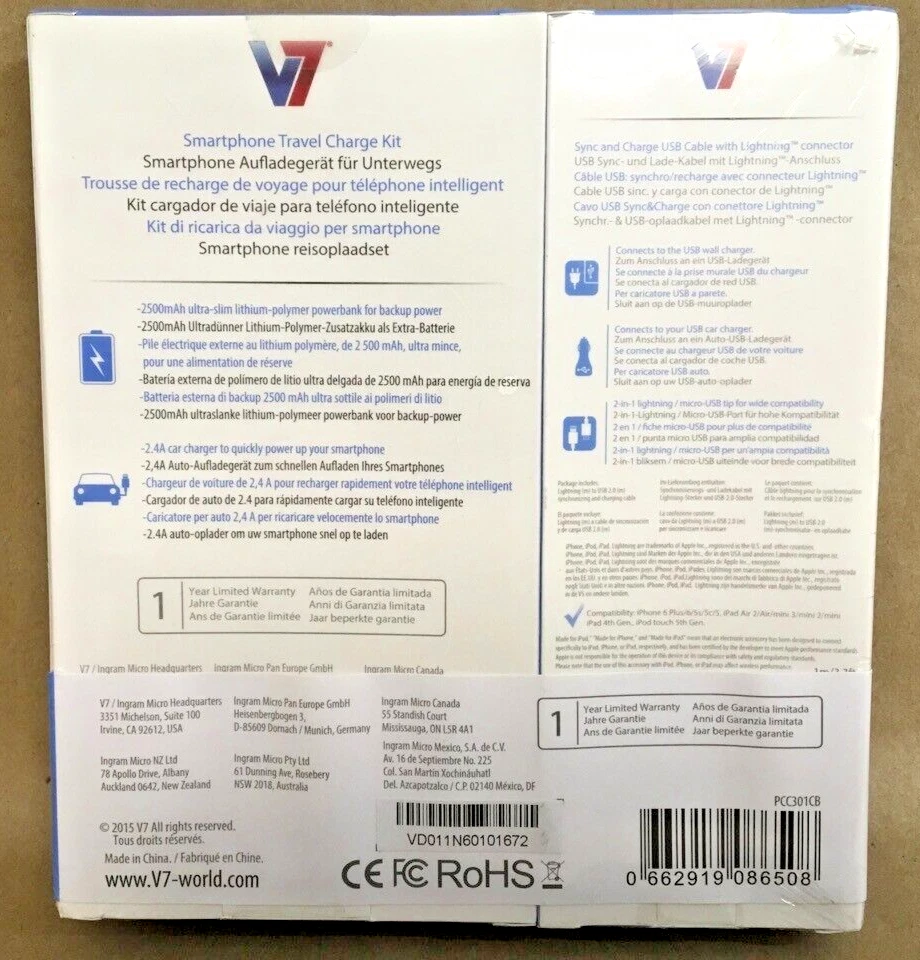 Cargador de coche V7 iPhone Lightning MicroUSB 2500mAh PowerBank PCC301CB-2N ✅❤️️✅ NUEVO Foto 2 de 2