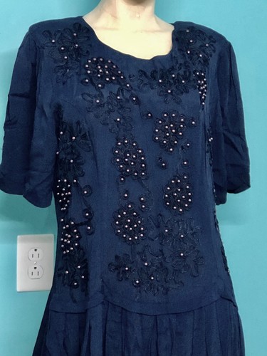 Vintage 80s/90s Does 20s SARIN NY Navy Blue/Copper Beaded Flapper Maxi Dress~L - Bild 4 von 12