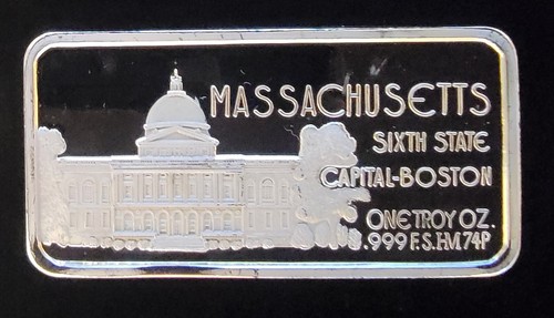 Lingotto 1975 Massachusetts 6° Stato Hamilton Mint-999 argento 1 oncia lingotto artistico - Foto 2 di 2