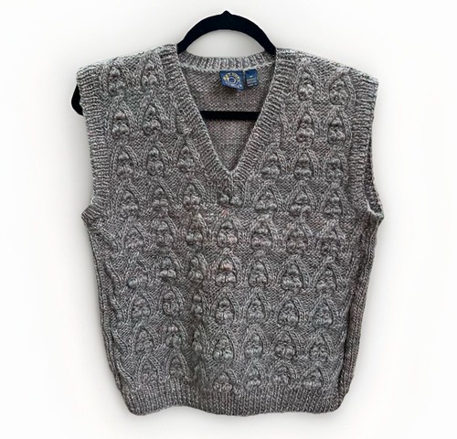 VTG Y2K Post Horn V Neck Chunky Knit Wool Sweater Vest Womens M Grey Academia - Picture 1 of 6