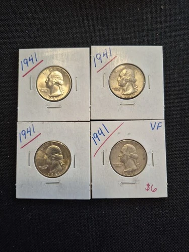4 Vintage Silver 1941 Washington Quarter Collection