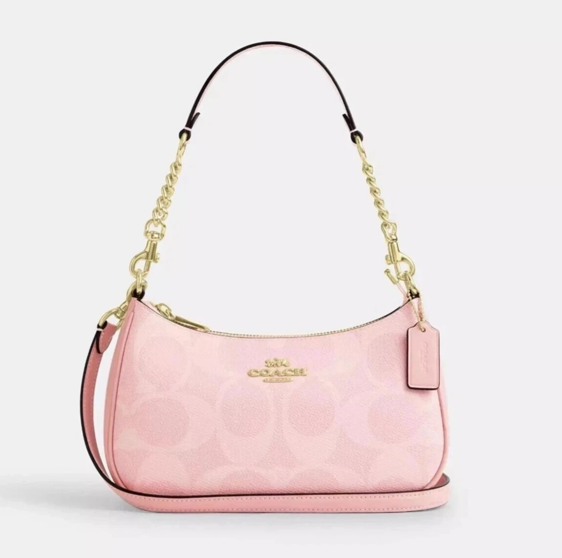 コーチ COACHピンクシグネチャーキャンバスショルダーバッグ シルバー